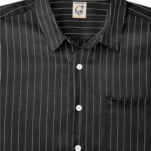 Hardaddy Black Pinstripe Men's Short Sleeve Button Up Hawaiian Men’s Blouse - Picture 2 of 13